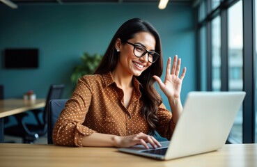 Happy Hispanic businesswoman in modern office greets colleagues on video call. Uses laptop for online conference. Businesswoman smiles, waves. Modern office interior. Successful female entrepreneur