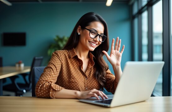 Happy Hispanic businesswoman in modern office greets colleagues on video call. Uses laptop for online conference. Businesswoman smiles, waves. Modern office interior. Successful female entrepreneur - Powered by Adobe