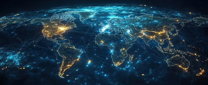 Digital map of the world with glowing connections, global network concept on a dark blue background. 
