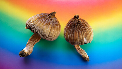 Fototapeta premium two dried psilocybin mushrooms on a rainbow coloured background