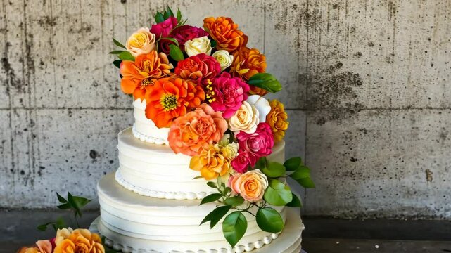 Elegant floral cake display featuring vibrant roses and zinnias on a three-tiered white dessert set against a textured backdrop
