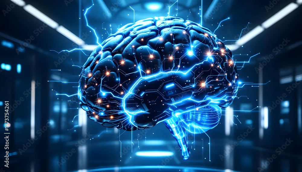Poster digital brain: futuristic ai technology, neural network, circuitry, abstract 3d render, blue glowing