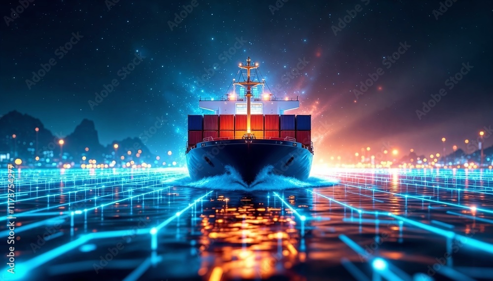 Aufkleber futuristic digital art of a container ship with glowing network lines symbolizing global commerce