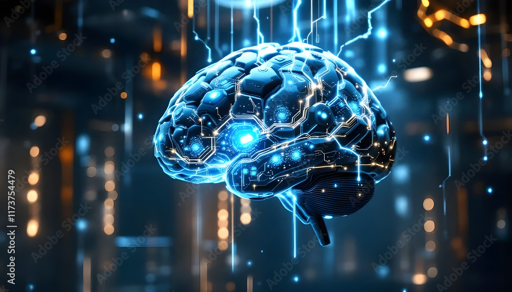 Poster futuristic ai brain: a stunning 3d render of a cyborg brain with glowing blue circuitry, high-tech n
