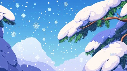 Snowy Winter Landscape with Pine Branches and Falling Snowflakes