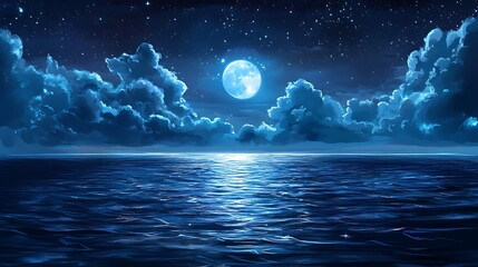 Fototapeta premium A serene night scene featuring a luminous moon over a calm ocean, surrounded by clouds.