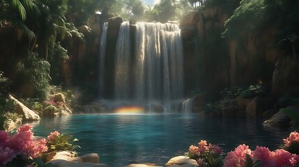 Tranquil waterfall cascading into a serene pool, sunlight creating a rainbow.