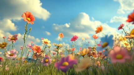 Naklejka premium Vibrant Wildflower Field Under a Clear Blue Sky With Fluffy Clouds on a Sunny Day in Spring