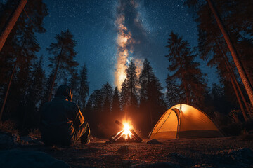 Photo réaliste professionnelle d’un site de camping sous la Voie lactée