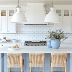 editorial style photo pendant lighting over kitchen island lighting is the focal point serena and lilly style home coastal kitchen lots of white and blue