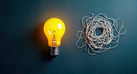 Bright yellow light bulb stands out against tangled white wires. Concept of simplifying complex ideas to find solution. Image inspires innovation, creativity. Flat lay style design highlights
