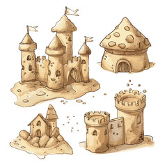 Vector illustration sand castle on the seashore, illustration for a children's book, postcard