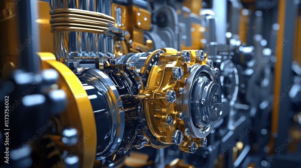 Aufkleber close-up of intricate gold and chrome engine components, showcasing complex mechanical engineering. 
