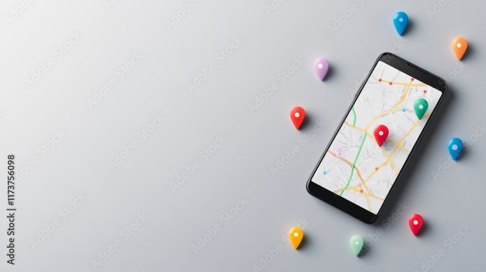 Aufkleber Mobile phone displaying map application with colorful location pins scattered around, representing navigation and route planning on gray background with copy space