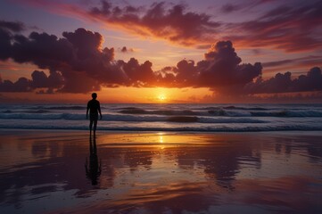 Fototapeta premium Vibrant sunset ocean silhouette figure