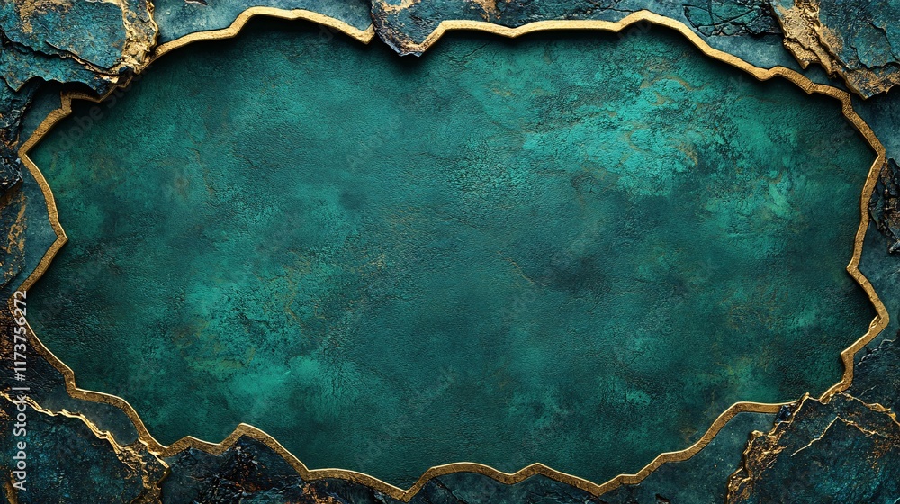 Poster colorful textured background with a striking golden frame in irregular shape