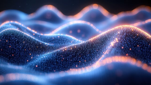 Abstract digital wave glowing data flow background.