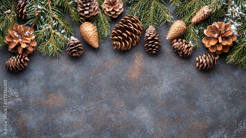 Wall mural Natural pinecones and evergreen branches arranged on a rustic gray background