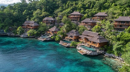 Naklejka premium Luxurious waterfront villas surrounded by lush greenery in a tropical paradise