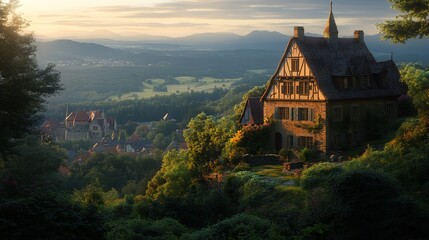Naklejka premium Hilltop house overlooking valley at sunset.