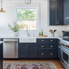 interior design kitchen shaker cabinets navy blue cabinets white subway tile backsplash white window above sink hardwood floor persian rug sunny day no dishwasher green