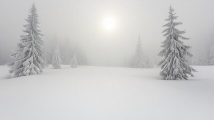 Snowy Winter Landscape with Frosty Trees Foggy Sunlit Scene