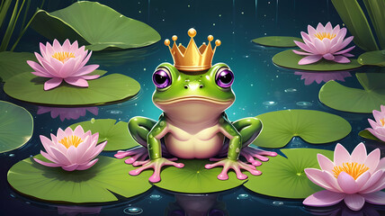 A cute cartoon frog wearing a golden crown sits regally on a lily pad in a dark pond surrounded by pink water lilies.