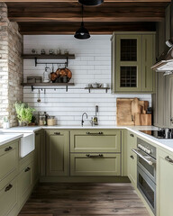 a kitchen in country interior style subway tiles olive color cabinets 200 mm lens
