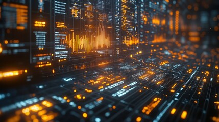 Futuristic digital data stream interface background.