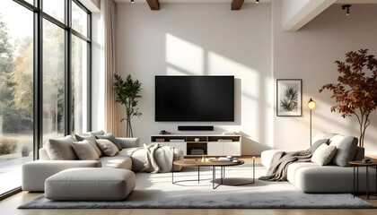 Modern Minimalist Living Room Design: Spacious Open Plan with Large Windows, Neutral Color Palette, Sectional Sofa, Modern TV, and Stylish Decor. Perfect for Relaxation and Entertainment.