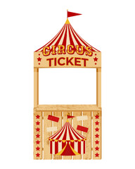Circus Ticket Booth. Wooden circus ticket booth with red and beige striped tent design and flag. Selling tickets for the upcoming circus show.