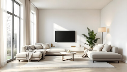 Modern Minimalist Living Room Design: Light Beige Sectional Sofa, Large Windows, Neutral Decor, Stylish Floor Lamp, and Modern TV on White Wall, Creating a Serene and Spacious Atmosphere.