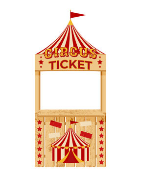 Circus Ticket Booth. Wooden circus ticket booth with red and beige striped tent design and flag. Selling tickets for the upcoming circus show.