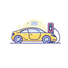 Naklejka premium Electric vehicle charging at station, showcasing modern yellow car with charging cable. This illustration symbolizes shift towards sustainable transportation