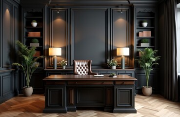 Luxury home office interior design. Dark wooden furniture sets rich tone. Dark walls with decorative molding create stately ambiance. Spacious desk focal point. Comfortable leather executive chair