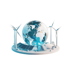 Naklejka premium globe surrounded by solar panels and wind turbines symbolizes renewable energy and sustainability. This represents commitment to greener future