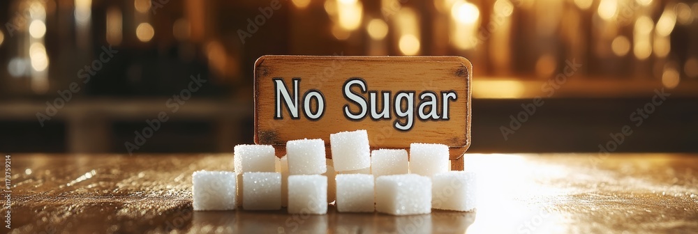 Poster sugar cubes lying on bar counter with no sugar sign, promoting healthy low sugar or sugar free lifes