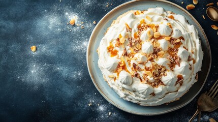 Pavlova with Caramelized White Chocolate Bark With Copy Space 