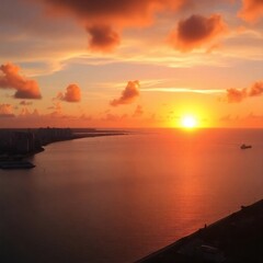 As sun rises over horizon on a sunny Miami morning, panoramic view of bay unfolds before me, with vibrant colors of sunrise casting a warm glow over sparkling water, creating a breathtaking scene that