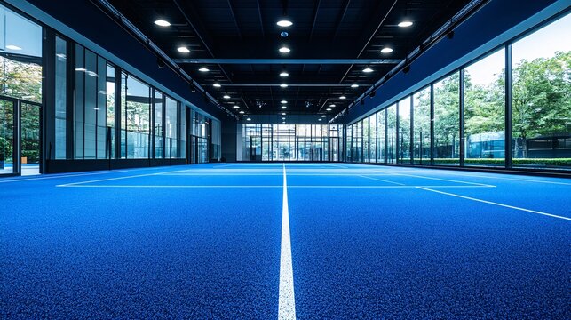 Indoor sports facility featuring a blue tennis court with natural light