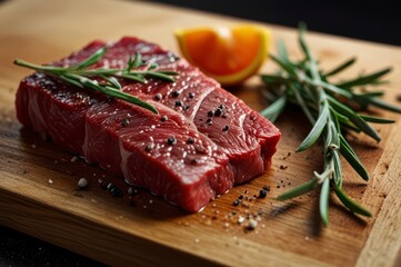 Fototapeta premium Raw beef steak wooden cutting
