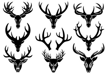 Deer Antlers Silhouette Vector Set with Head Variations