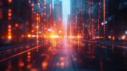 Naklejka premium Futuristic city street at night glowing lights.