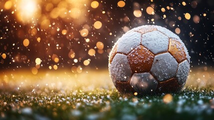 Fototapeta premium A soccer ball covered in snow on a grassy field, illuminated by soft lighting.