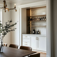 interior design shot built in bar station as part of kitchen and dining room white walls warm white cabinetry modern sophisticated style