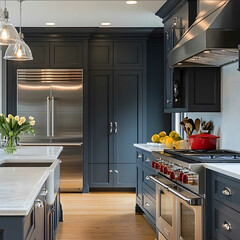 a classic kitchen that is updated but has wainscoating high end appliances and some color