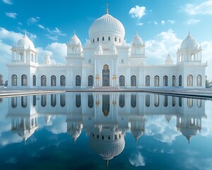 Majestic white mosque reflected in still water.