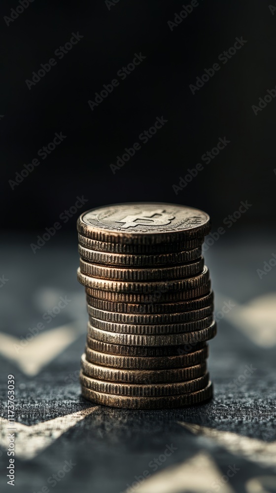 Poster physical cryptocurrency coins stacked on a surface with arrows pointing upwards, symbolizing growth 
