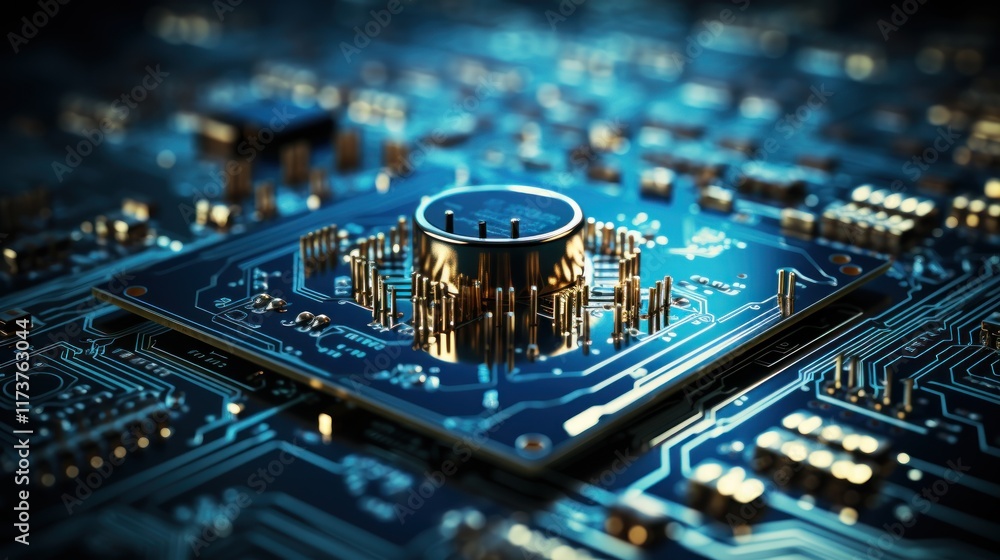 Poster close-up of a circuit board with a gold microchip