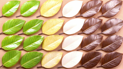 Fototapeta premium Colorful leaf arrangement on beige background, showing stages of growth, for environmental or seasonal concepts.